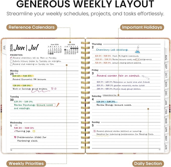 Planner 2026-2027, Academic Year Monthly and Weekly Calendar Planner, Jul 2026 - Jun 2027, Hardcover Teacher Student Planning Agenda book with Tabs, Perfect for School Office Supplies, 6.3" x 8.5" - Landscape