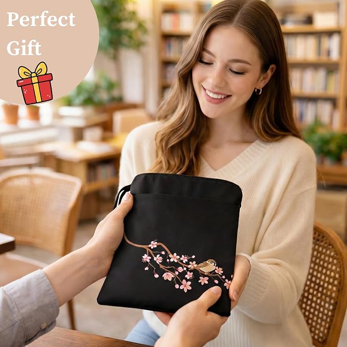 The Story Satchel Book Sleeve with Spacious Front Pocket - A Waterproof Protector Book Bag Pouch with Zipper - Perfect Book Lovers Gifts for Hardcover or Paperback (Bird Black)