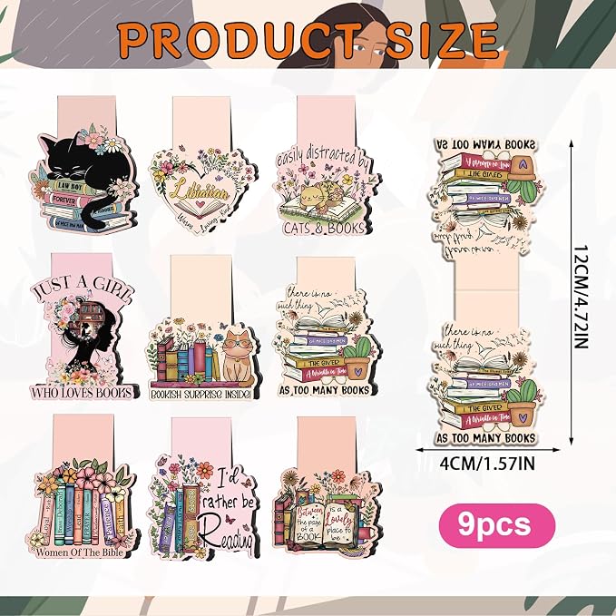 Wxiben Book Lovers Magnetic Bookmark - 9 Pcs Funny Reading Bookmarks Magnets Retro Bookish Floral Book Mark Magnetic Book Mark Page Markers Clip Gifts for Women Men Book Lovers Students Teacher