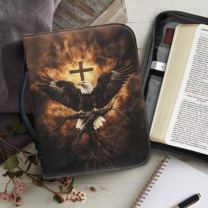 Large Bible Cover Case for Women Men Bald Eagle and Cross Print PU Leather Bible Case with Bookmark Church Bag Book Carrying Case Bible Cover for Women Men Bible Case for Men Women