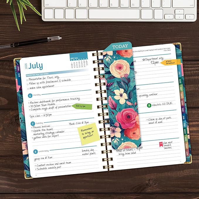 HARDCOVER Academic Year 2026-2027 Planner: 14 Months (May 2026 Through June 2027) 5.5"x 8" Daily Weekly Monthly Planner Yearly Agenda. Bookmark, Pocket Folder and Sticky Note Set (Teal Floral)