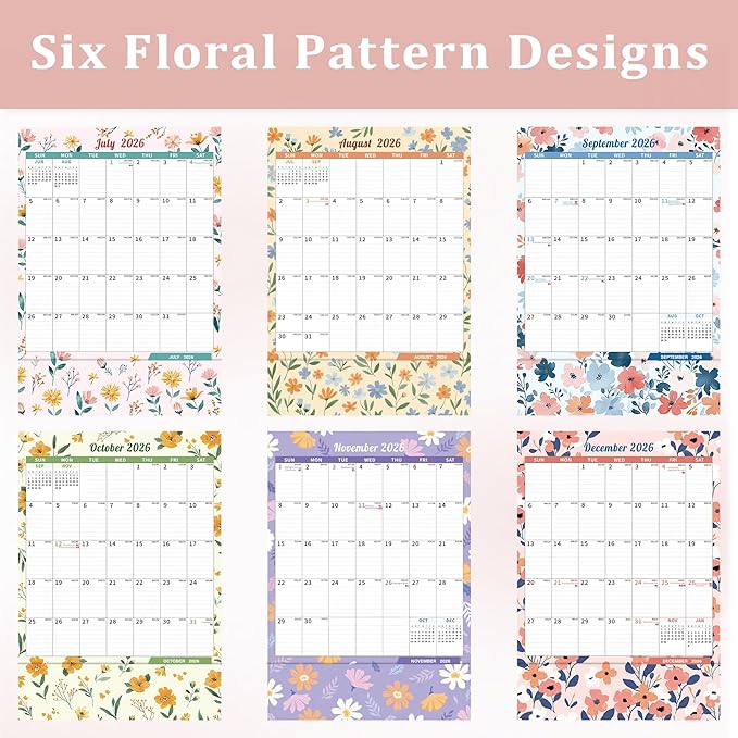 Ospelelf Wall Calendar 2026-2027 with Storage Pocket, 17" X 12" Monthly Large Planner Pad with Protective Cover and Stickers, for Family Fridge Office Teacher Student, January 2026 to June 2027 Ditsy Floral
