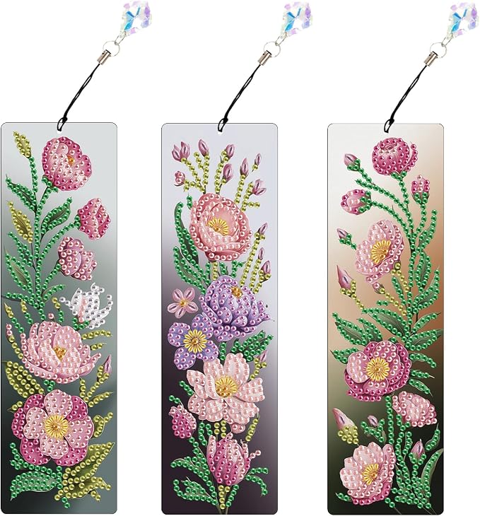 Tontut 3pcs Diamond Art Painting Kit Bookmarks, Pink Flower Exquisite Universal DIY Bookmarks, Lightweight and Durable, Suitable for Reading Lovers