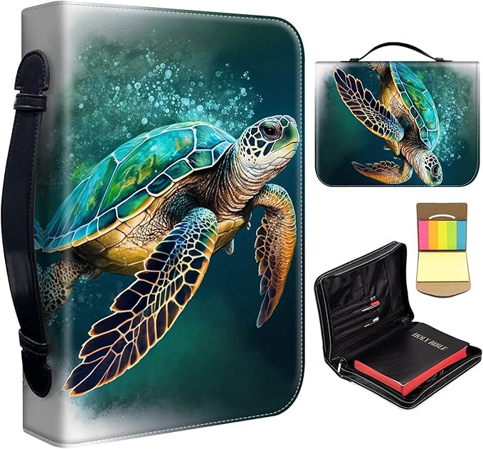 Bible Cover for Men Women,Large Leather Bible Case Fit Book Up to 11x8x2 Inch,Green Sea Turtle Bible Covers Bible Study Carrier Church Bags w/Handle & Zipper