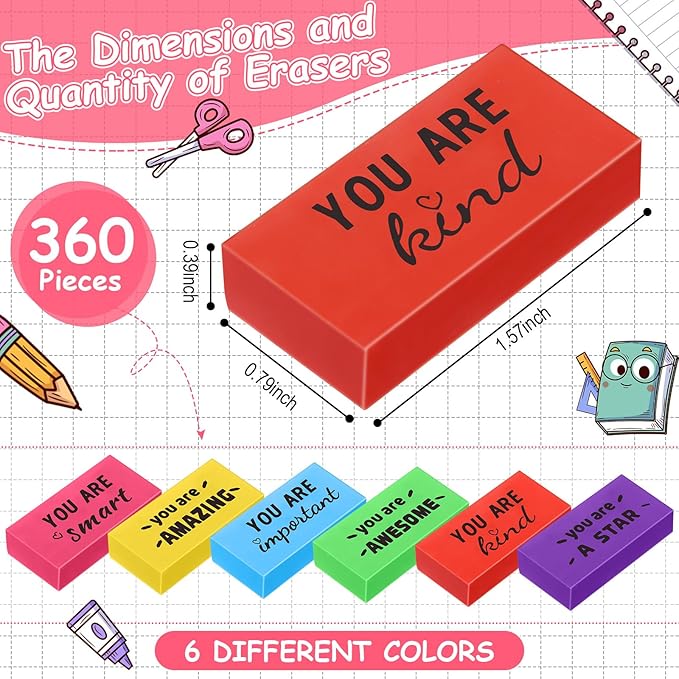Resurhang 360 Pcs Inspirational Erasers Bulk for Kids Valentines Religious Party Favors Gifts Colorful Motivational Pencil Erasers, Back-to-School Gifts Motivational for Students Classrooms, Drawing