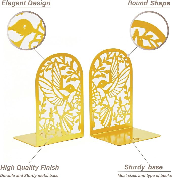 CNK Premium Metal Bookends for Home Office - Heavy Book Stoppers, Decorative Book Shelves (Hummingbird Gold)