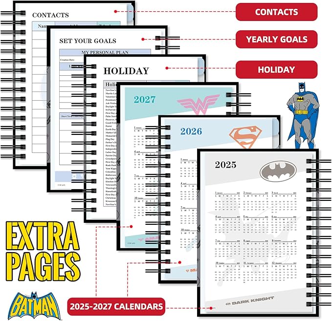 2026 Batman Planner Hardcover, Superhero Weekly and Monthly Planner with Notes Pages and 12 Dividers Tabs, Spiral Calendar Notebook Academic Journal for Work School Adults Teens (Plan A)