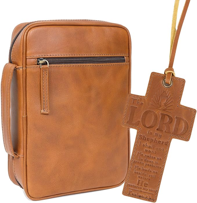 ELIZO Leather Bible Cover for Men Bible Case for Women Zippered Holder Protector Cross Church Tote Bag Carrying Organizer Sleeve Gift Standard Tan
