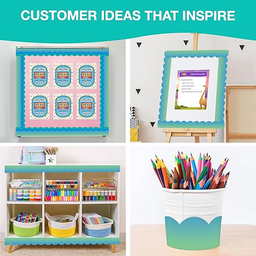 IXL 65Ft of Gradient and Groovy Bulletin Board Border, 1 Roll of Scalloped Trim for Rolling Whiteboard, Cork and Posterboard, Party, Office Decorations, and Classroom Decor