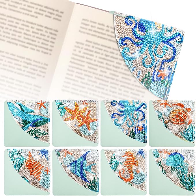 8 Pcs Diamond Painting Bookmark, DIY Corner Book Makers for Adults Book Lovers, Diamond Dot Art Beginner, Small Diamond Art Kits, Paint by Art Crafts Gift for Women Girls (Sea Animal 8)