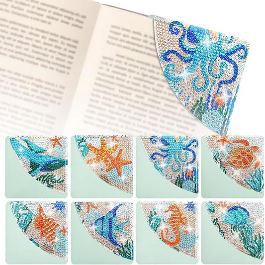 8 Pcs Diamond Painting Bookmark, DIY Corner Book Makers for Adults Book Lovers, Diamond Dot Art Beginner, Small Diamond Art Kits, Paint by Art Crafts Gift for Women Girls (Sea Animal 8)