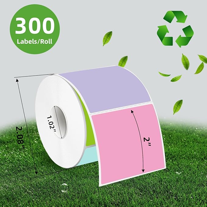 Square Thermal Labels Stickers 2" x 2", Self-Adhesive Waterproof Square Direct Thermal Labels Stickers, Perforation Line Design- 300 Sheets/Spring Colors