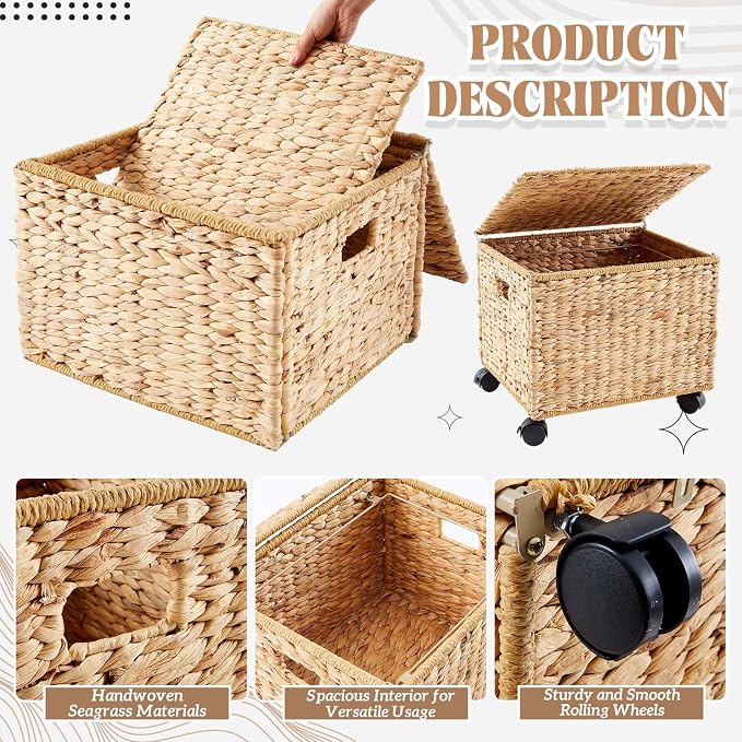 Sintuff 2 Pack Rolling File Cabinet with Lid 17.5 x 14.5 x 13 Inch Seagrass Rolling Filing Cabinet with Wheels Decorative Hanging File Organizer Basket Box for Home Office Storage(Natural)