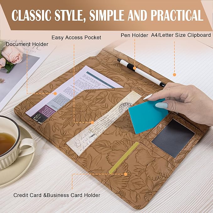 Free Engraved Name,Embossed Padfolio Portfolio PU Leather Binder,Interview Resume Folder,Business Card Holder, Organizer with A4 Legal Pads for Men Women(Light Brown,Custom)
