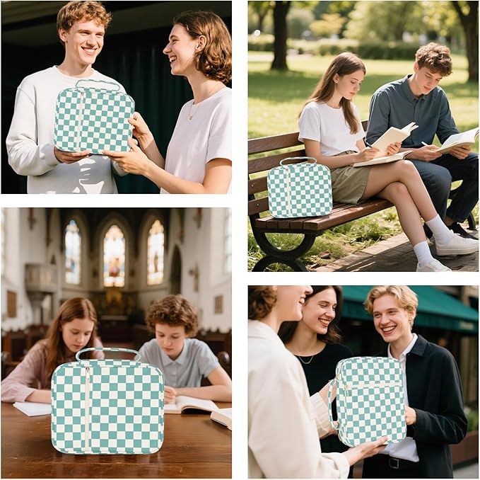 Bible Cover Case for Women Corduroy Bible Case for Girls Large Bible Cover with Handle Bible Study Supplies Accessories Christian Gifts for Women (Blue-Checkered, Medium)