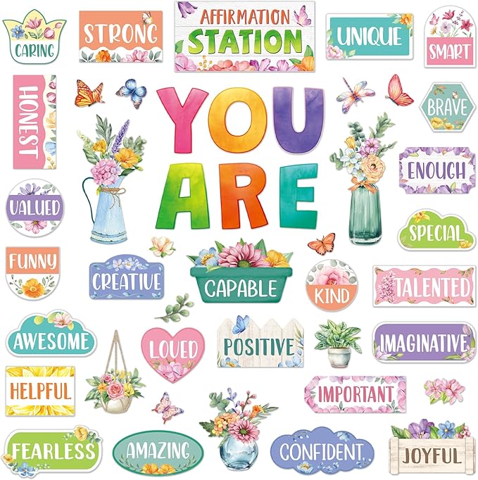 45pcs Spring Bulletin Board Set Motivational Posters Classroom Mirror Growth Mindset Decor Positive Affirmations Accents Flower Cutouts for School Office Home Teacher Wall