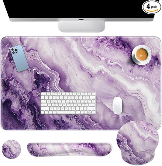 Britimes Purple Pink Marble Gold Keyboard Mouse Pad Set 4in1 Large Mousepad+Keyboard Wrist Rest+Mouse Wrist Rest+Coaster Ergonomic Design for Home Office Computer 35.4x15.7 inches