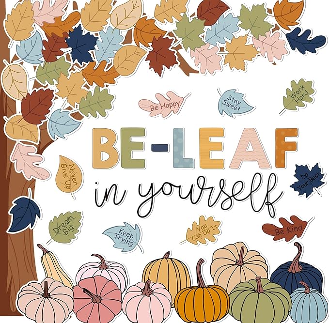 JarThenaAMCS 73Pcs Fall Tree Bulletin Board Decoration Inspirational Boho Colorful Maple Leaf Pumpkin Cutouts for Autumn Thanksgiving Classroom Wall Chalkboard Decor