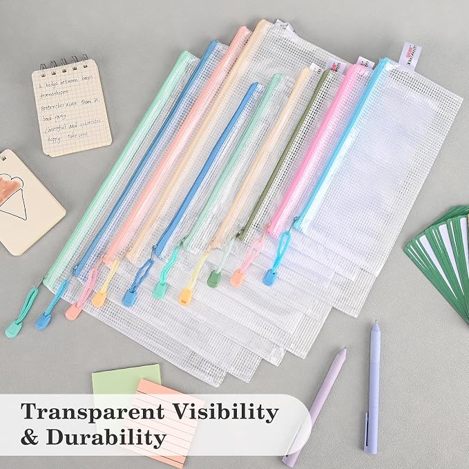 15Pcs Mesh Zipper Pouch Bags, 3 Sizes Waterproof Mesh Bag, Zipper Pouches for Organization Storage, Clear Plastic Bags for Homeschool Organization and Board Game Storage (A4 & A5 & A6)