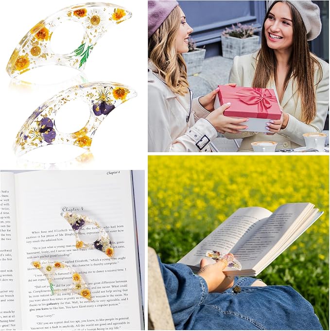 Book Page Holder, Tumwisk 2PCS Book Holder Thumb, Resin Dried Flower Page Holder, Reading Accessories for Reading Lovers, Thumb Bookmark Gifts for Readers Women（Purple and Orange