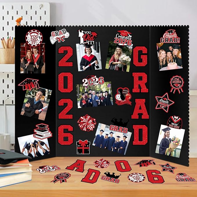 4 Set Graduation Photo Display Board, Class of 2026 Black Red Trifold Poster Board with Grad Pattern Stickers, Graduation Photo Props Collage for Multiple Pictures Party Decorations, 16x24 Inch