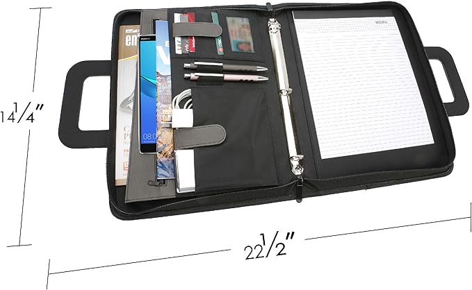 NuVision Zippered Padfolio 3 Ring Binder, Notebook for Work, Business Planner and Organizers, Padfolio with Handle, 8 ½ x 11” Writing Pad, PU Leather Folder, Professional Business Documents Portfolio