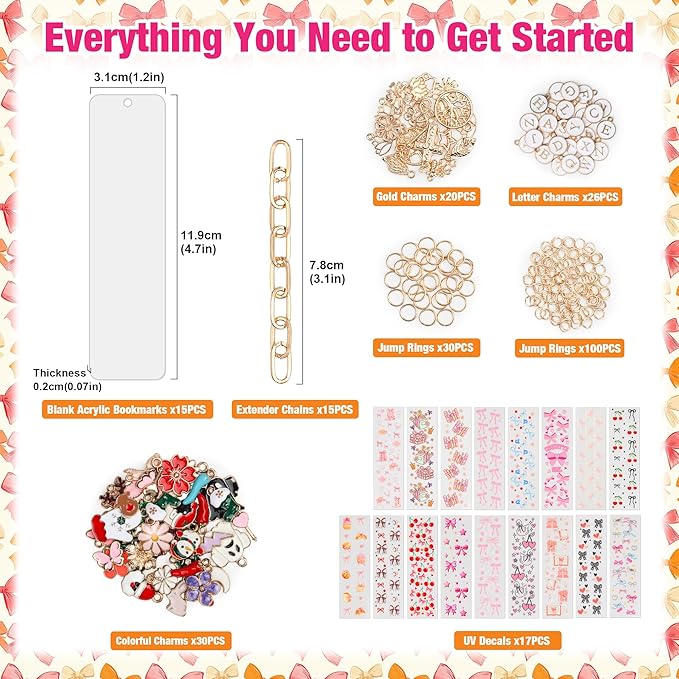 253 Pcs Bow Acrylic Bookmark Blanks(2mm) Thicken 15 DIY Bookmark Making 17 Bow UV DTF Sticker 76 Charms 15 Extender Chains and 130 Jump Ring Suitable for DIY Crafts Gifts