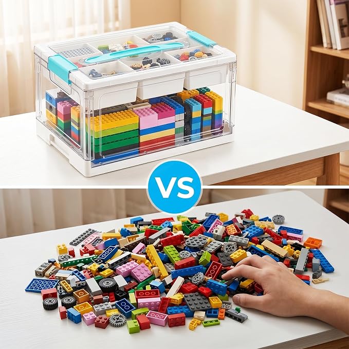Tebery 2 Tier Plastic Craft Storage Organizer, Clear Foldable Arts Supply Container Box with Adjustable Dividers, Portable Sewing Tools Bin with Lids and Handle for Home, Office, Travel