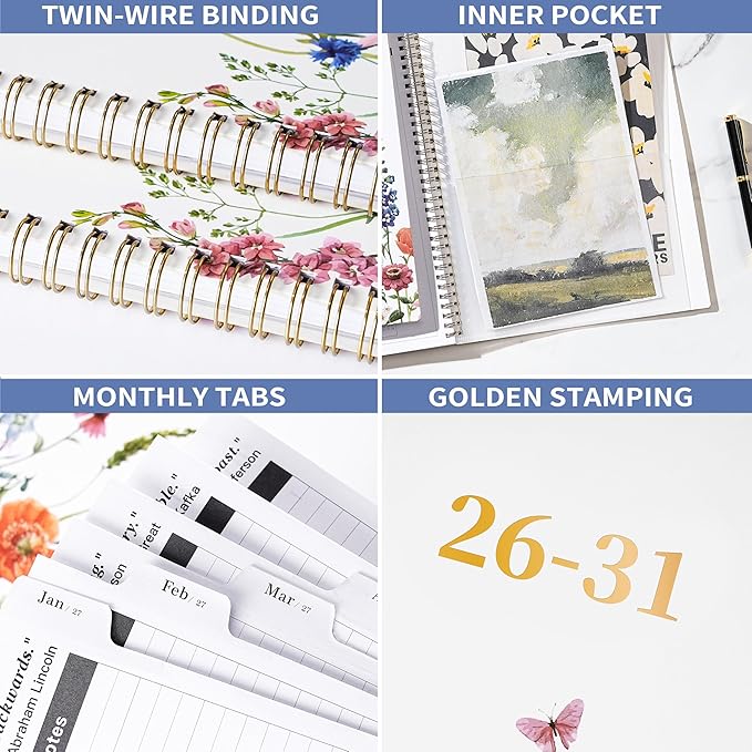 Monthly Planner 2026-2031 - 5 Year Planner/Calendar, 2026-2031 Monthly Calendar Planners Spiral Bound, Jul. 2026 - Jun. 2031, 9" x 11", Twin-Wire Binding + Tabs + Pocket - Flowers