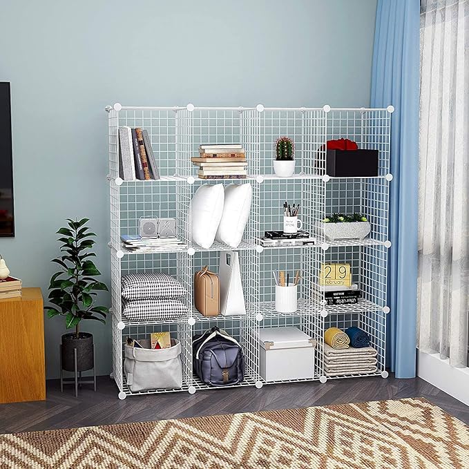 HUBSON Wire Cube Storage Organizer, Book/Toy/Craft/Potted Plants and petCloset Organizers and Storage Shelves, 20-Cube Freely Combinable Metal Grids Storage Shelf, White Iron