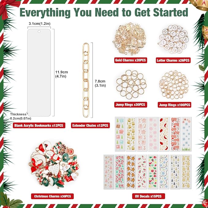 245PCS Acrylic Bookmark Blanks(2mm) Thicken 12 DIY Bookmark Making 15 Christmas UV DTF Sticker 76 Christmas Charms 12 Extender Chains and 130 Jump Ring Suitable for DIY Crafts Gifts