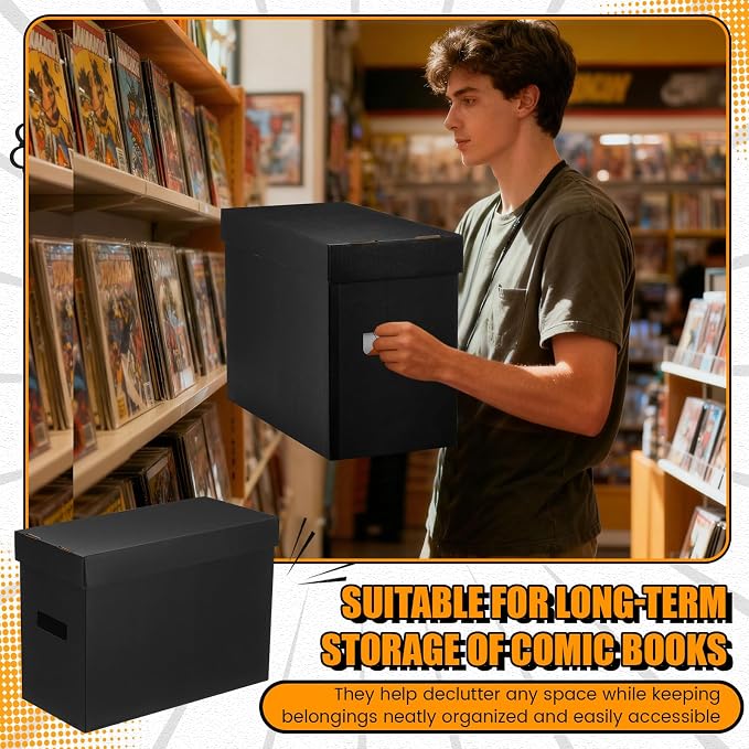 Fuyoooo 15 Pack Comic Book Storage Boxes, Holds 150-175 Comics, 15.4 x 7.5 x 11.4 Inch Stackable Comic Short Bin Organizer Cardboard Box for Collapsible Magazine Book Collecting Supplies(Black)