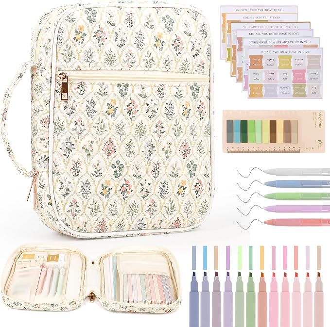 Bible Cover Case for Women Large Quilted Bible Carrying Bag with Handles Bible Study Supplies & Accessories Christian Gifts for Women(Wildflower Meadow, M)