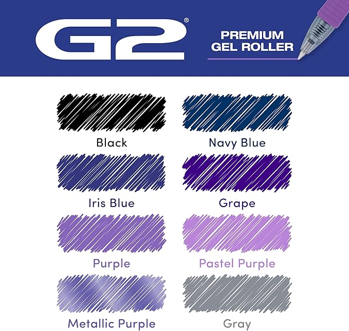 PILOT, G2 Premium Gel Roller Pens, G2 Boost Purples Pack, The Colors of Creativity, 8 Pack Pouch, Fine Point 0.7 mm, Assorted