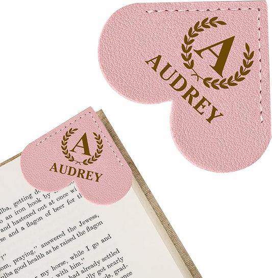 EDSG Personalized Leather Heart Bookmark, Corner Bookmark Book Marks Clip with Birth Flower & Name, Bookmarks for Women Men, Reading, Teachers, Birthday, Graduation Christmas(Light Pink-Heart)