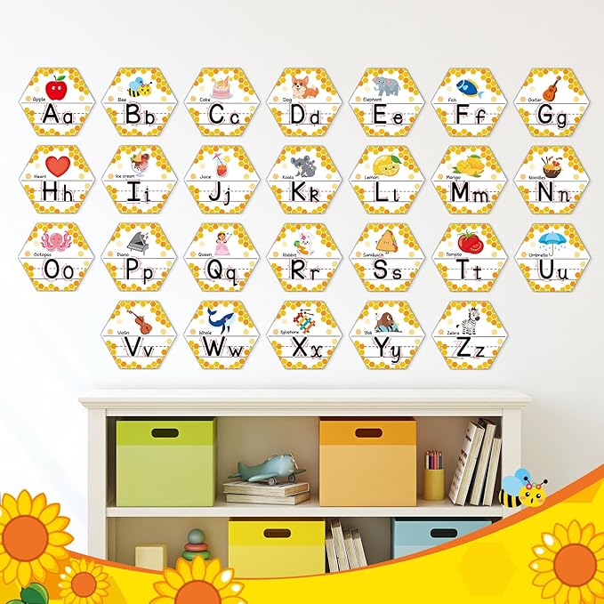 Bee Themed Alphabet Number for Classroom Wall Honeycomb Bulletin Board Manuscript Educational Cards ABC Letters Numbers Shapes Colors Poster for Preschool Elementary Early Learning Decor