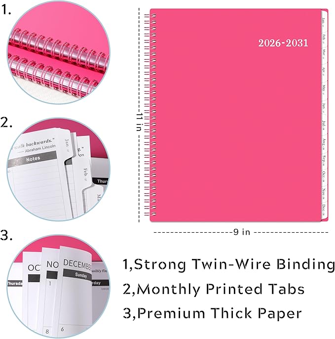 Monthly Planner 2026-2031 - 5 Year Planner/Calendar, 2026-2031 Monthly Calendar Planners Spiral Bound, Jul. 2026 - Jun. 2031, 9" x 11", Twin-Wire Binding + Tabs + Pocket - Rose Red