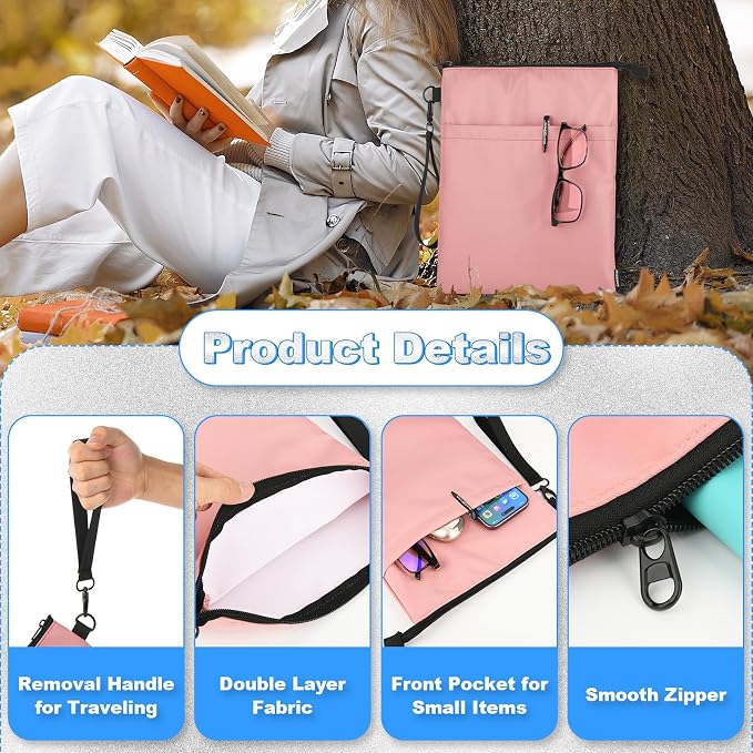 Book Sleeves with Zipper, Travel Book Protector Pouch for Paperbacks & Hardcover Books, Book Covers Bags Carry Case/Front Pocket & Handle Strap for Book Lovers Mother's Day Readers (Pink, 1 Pc)