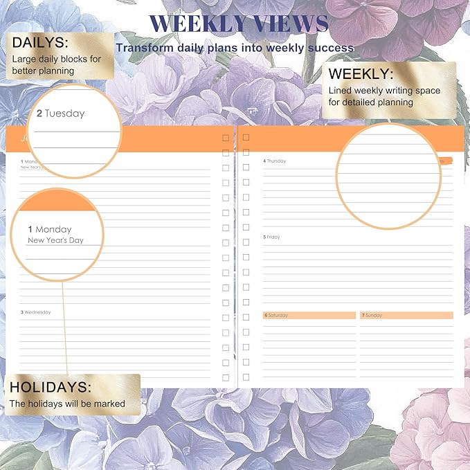 CAGIE 18 Month Planner July 2026 - December 2027, Academic Year Weekly & Monthly Planner with Tabs, 8.3 x 9.3 Floral Hardcover Organizer with 100GSM Thick Paper and Elastic Band for Women School Office