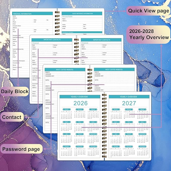 2026-2028 Monthly Planner/Calendar - 3 Year Monthly Planner 2026-2028, January 2026 - December 2028, Academic Weekly Organizer with Twin-Wire Binding for Students and Teachers (Dark Blue Marble)