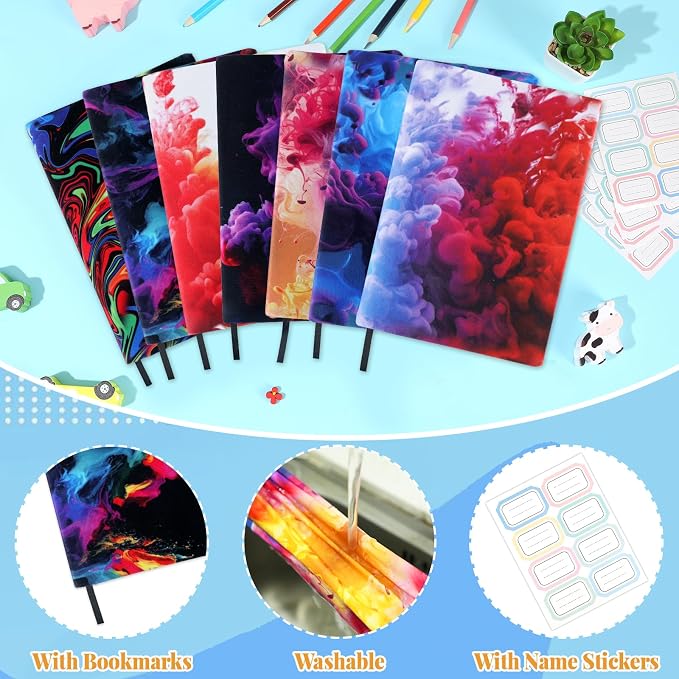 Jumbo Book Covers 7 Pack Reusable Fabric Book Cover Protective Book Covers 9x11inch Ink Splash Stretchable Book Sleeve Cover with Label Sticker for Most Hardcover Books Up to 10x12.5inch
