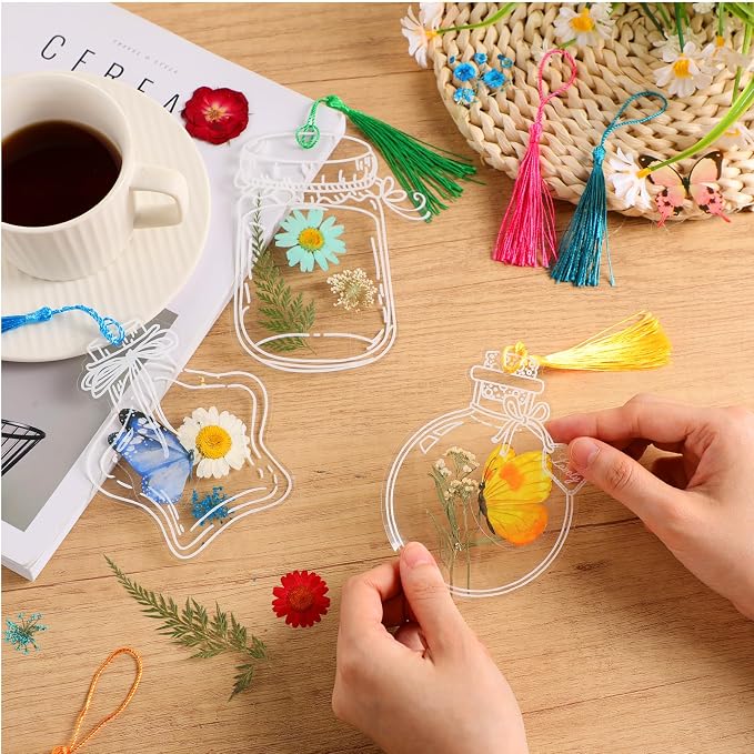 TaoBary 152 Pcs DIY Transparent Dried Flower Bookmark Set Handmade DIY Bookmarks with Dried Pressed Flowers Leaves Butterfly Stickers Colorful Tassels and Tweezers for Reader Writer(Rainbow Color)