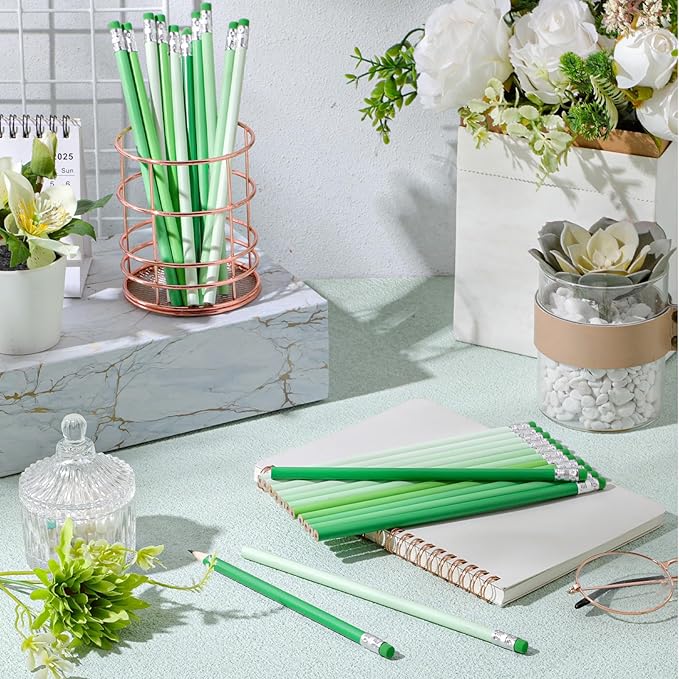 24 Pcs Round Pencils with Eraser 2 HB Cute Pencils Bulk for School Graphite Wood Color Unsharpened Pencil for Drawing Sketching Wedding School Teacher Supplies Student Reward(Green)