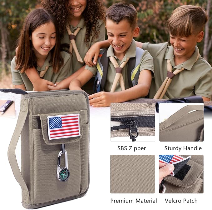 Handbook Book Cover Compatible with BoyScoouts Handbook with Amercan Flag Patch and Compass - Book Sleeve - Handbook Protector for Boys Girls