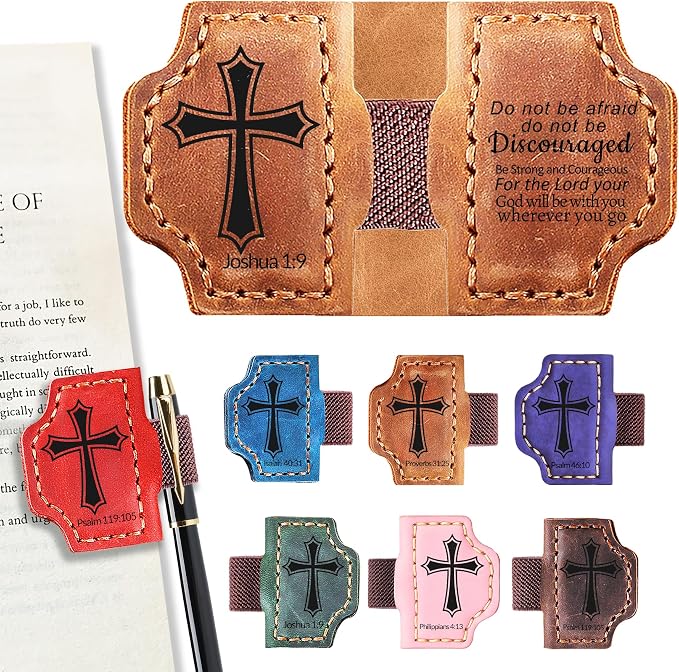 Personalized Magnetic Bookmark with Pen Holder, Bible Verse Scripture Design, Custom Leather Bookmark Bible Study Supplies for Women Men, Christian, Book Lovers Gifts (Brown, Joshua 1:9)