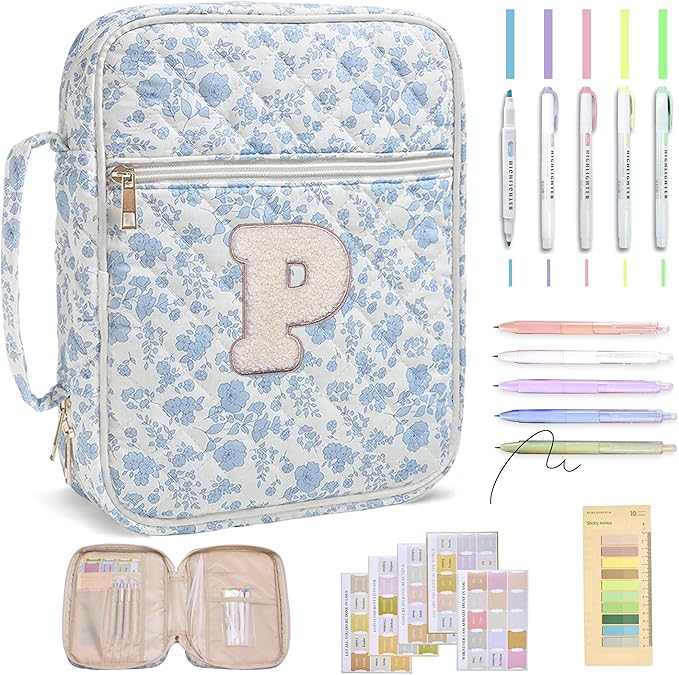 Personalized Initial Bible Cover Case for Women – Large Quilted Bible Bag with Handle, Chenille Letter, Bible Study Kit, Christian Gift for Mom, Grandma & Daughter (Blue Floral-P)