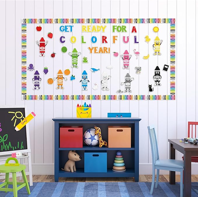 117Pcs Back to School Color Bulletin Board Set, Color Crayon Poster Cutouts Colorful Crayon Border Trim Classroom Decoration Toddler Preschool Learning Supplies for Chalkboard Wall Decor