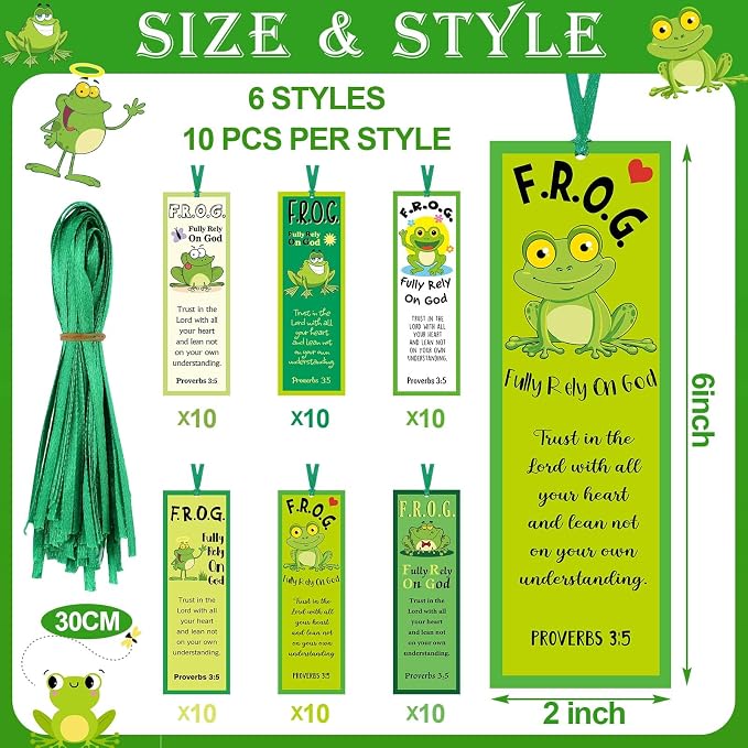 60 Pcs Fully Rely On God Frog Bookmarks Proverbs 3: 5 F.R.O.G. Christian Bible Verse Bookmark Gift Religious Inspirational Bookmark for Church Sunday School VBS(Fully Rely on God)