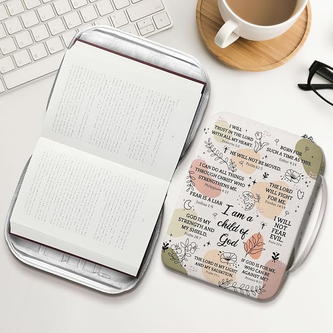 Inspirational Bible Cover for Women with Verses I Am a Child of God Canvas Case, Zippered Scripture Bag, Fits Standard Size Bible, Christian Gift for Girls Church Bible Study