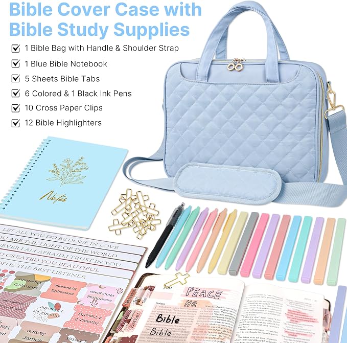 PUGPIU Bible Cover Case for Women, Large Quilted Bible Bag with Shoulder Strap and Handle, Bible Study Supplies Journaling Kit with Highlighters Pens No Bleed Tabs Notebook Cross Clips (Light Blue)